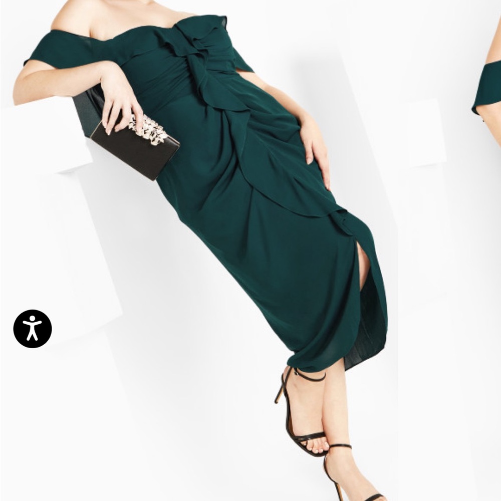 City Chic Emerald Off the shoulder Ruffle Midi Dress